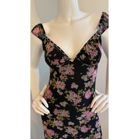 Vintage 90s Y2K Floral Mesh Dress Black Sz Small Ribbon Lace Rose - Picture 13 of 17